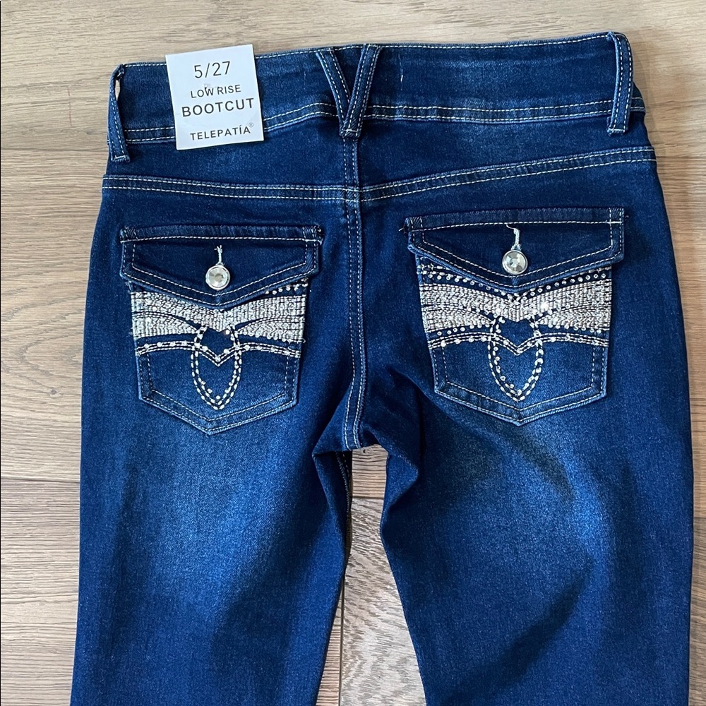 Telepatia Low Rise Boot Cut Jeans Rhinestone Embellished Size 5/27 NWT - Picture 9 of 11